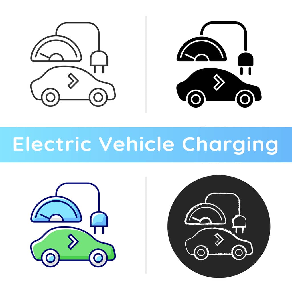 Level 1 charger icon. Slowest way to charge battery of electronic vehicle. Long term charging station. Ecological transport. Linear black and RGB color styles. Isolated vector illustrations